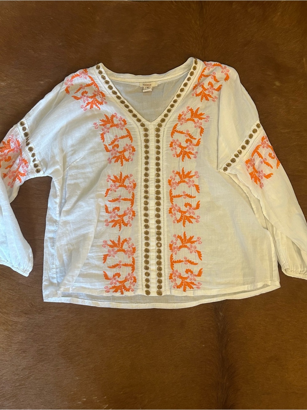 Sundance 100% Cotton XL Summer Sheer Tropical  Beach Top  XL Lg Sleeve  V  Neck